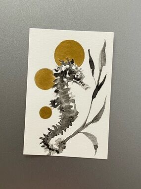 ORIGINAL seahorse seascape painting ocean miniature realism art nautical artwork